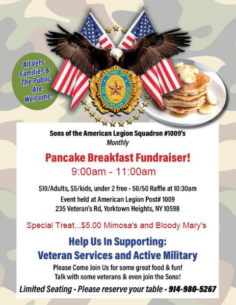 Sons of the American Legion Monthly Pancake Breakfast Fundraiser Flyer