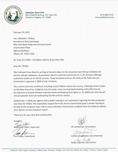 Town Board Letter - Con Edison Rate Hike